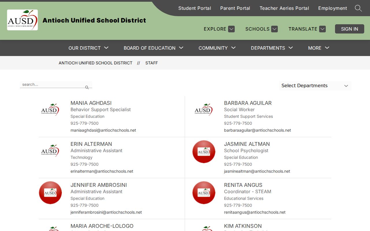 Antioch people directories screenshot of Antioch Unified staff directory